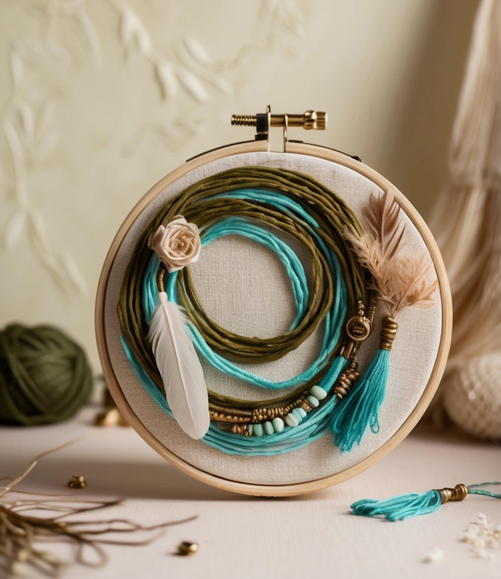 Studio workbench with threads and hoop in soft tones