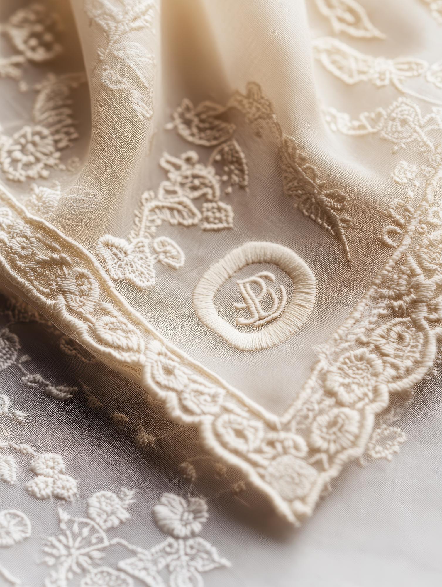 Bridal textile with hand-stitched initials