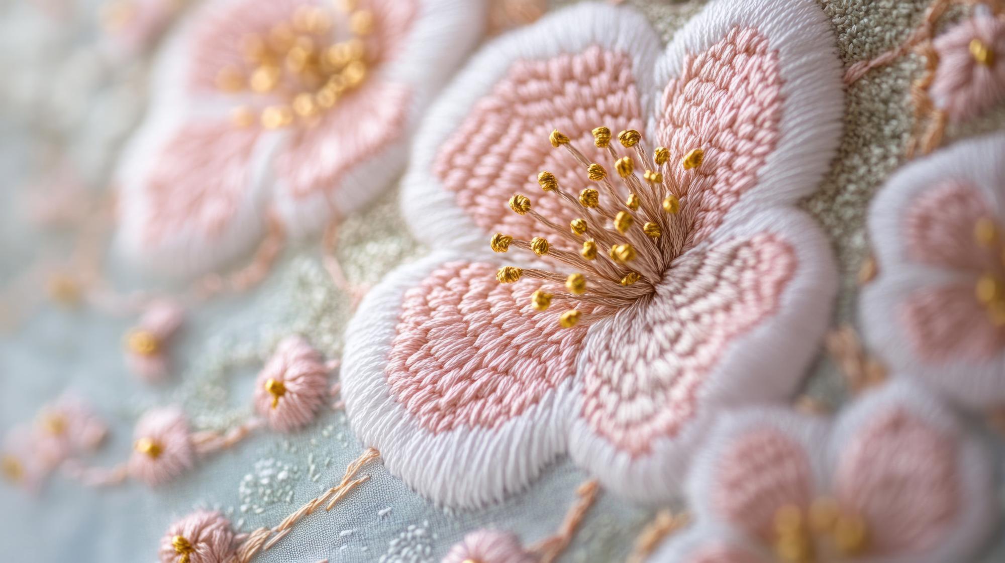 Close-up of pastel embroidered floral patch on fabric